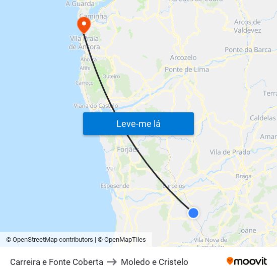 Carreira e Fonte Coberta to Moledo e Cristelo map