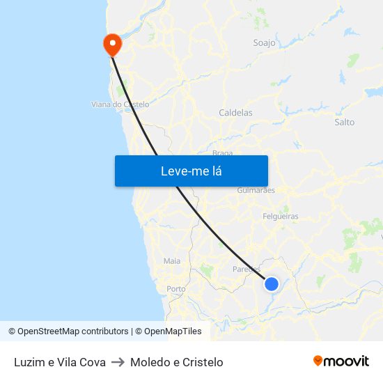 Luzim e Vila Cova to Moledo e Cristelo map