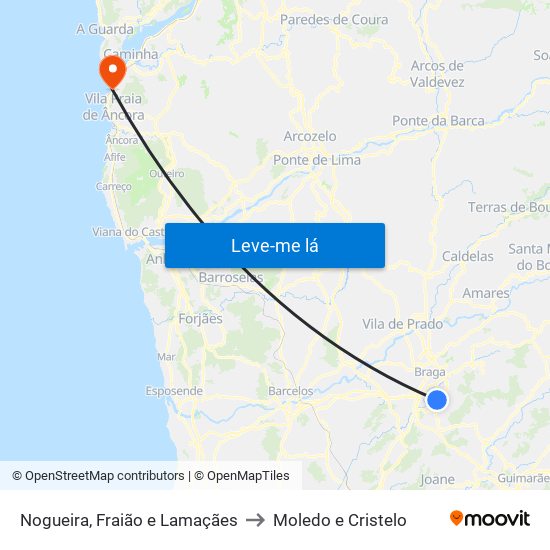 Nogueira, Fraião e Lamaçães to Moledo e Cristelo map