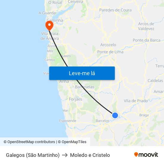 Galegos (São Martinho) to Moledo e Cristelo map