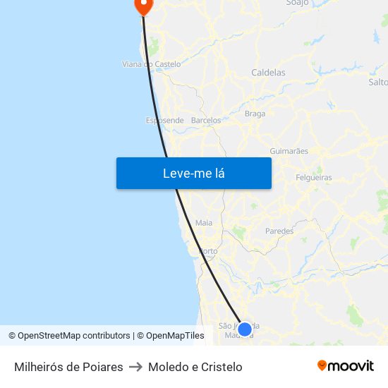 Milheirós de Poiares to Moledo e Cristelo map