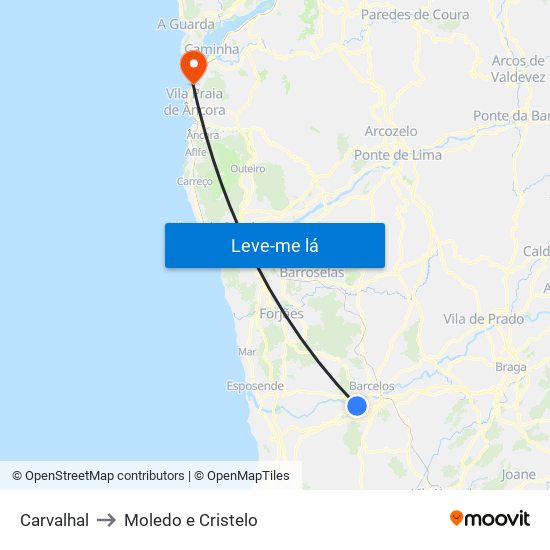 Carvalhal to Moledo e Cristelo map