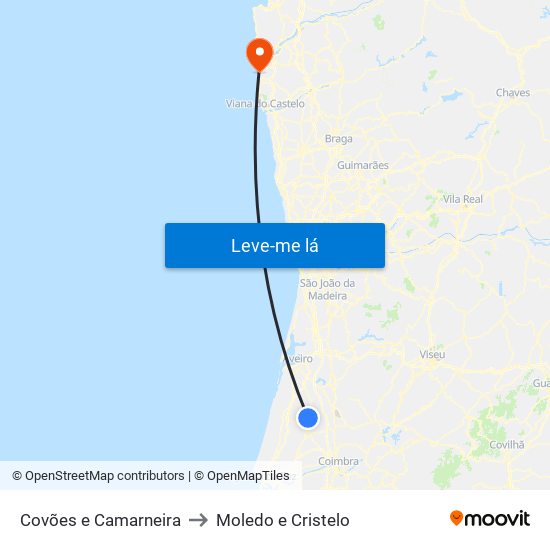Covões e Camarneira to Moledo e Cristelo map