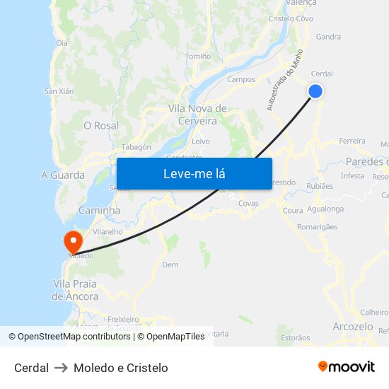 Cerdal to Moledo e Cristelo map
