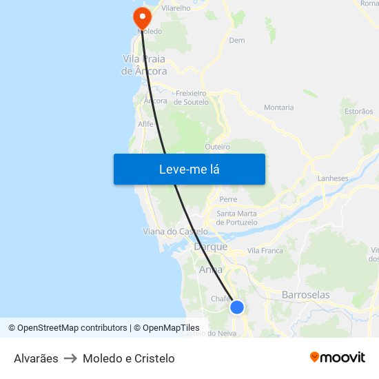 Alvarães to Moledo e Cristelo map