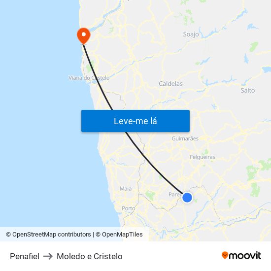 Penafiel to Moledo e Cristelo map