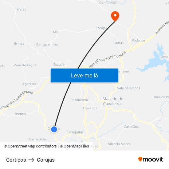 Cortiços to Corujas map