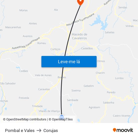 Pombal e Vales to Corujas map