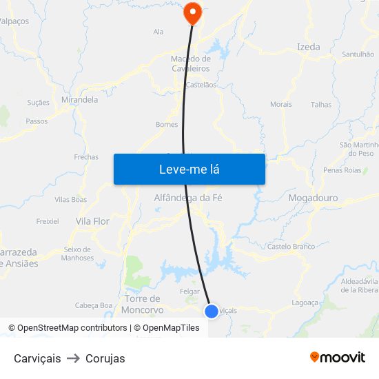 Carviçais to Corujas map