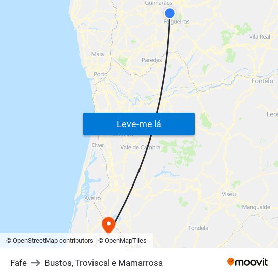 Fafe to Bustos, Troviscal e Mamarrosa map