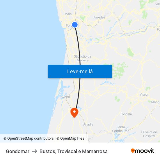 Gondomar to Bustos, Troviscal e Mamarrosa map