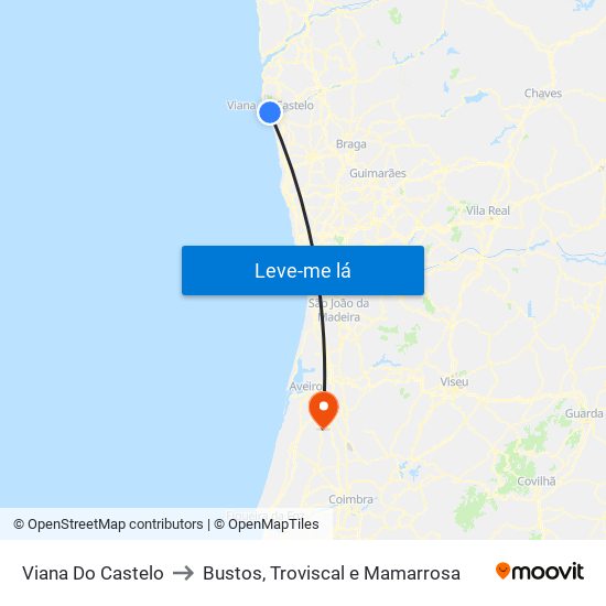 Viana Do Castelo to Bustos, Troviscal e Mamarrosa map