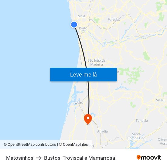 Matosinhos to Bustos, Troviscal e Mamarrosa map