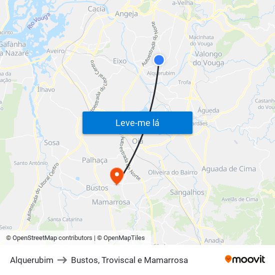 Alquerubim to Bustos, Troviscal e Mamarrosa map