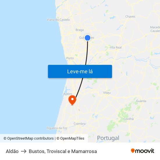 Aldão to Bustos, Troviscal e Mamarrosa map