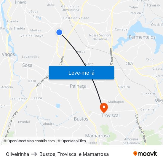Oliveirinha to Bustos, Troviscal e Mamarrosa map