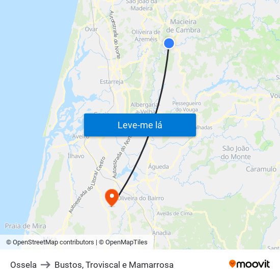 Ossela to Bustos, Troviscal e Mamarrosa map