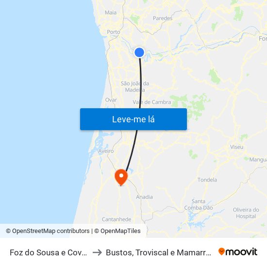 Foz do Sousa e Covelo to Bustos, Troviscal e Mamarrosa map