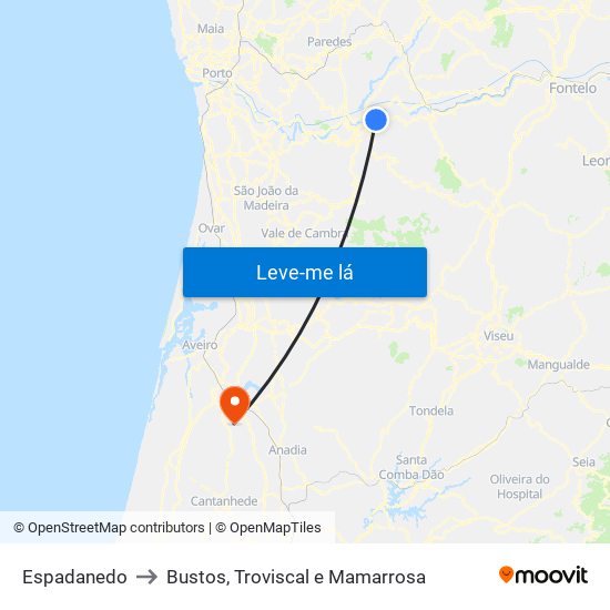Espadanedo to Bustos, Troviscal e Mamarrosa map