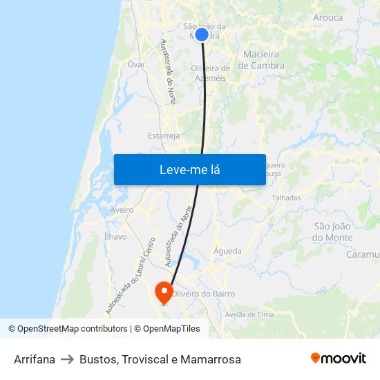 Arrifana to Bustos, Troviscal e Mamarrosa map