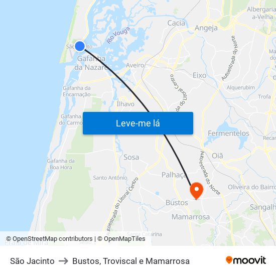 São Jacinto to Bustos, Troviscal e Mamarrosa map