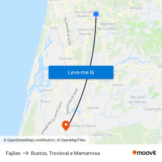 Fajões to Bustos, Troviscal e Mamarrosa map