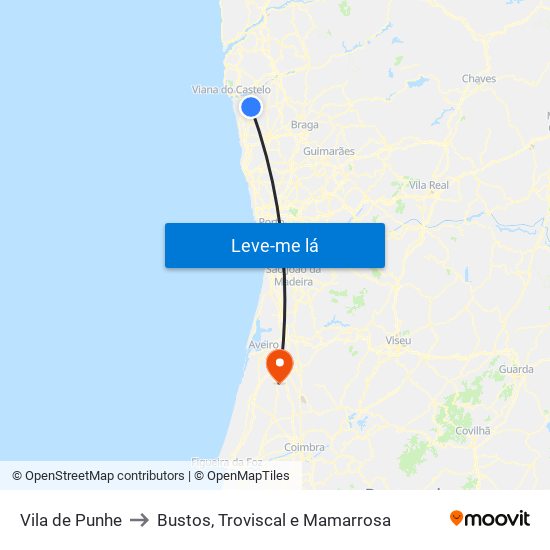 Vila de Punhe to Bustos, Troviscal e Mamarrosa map