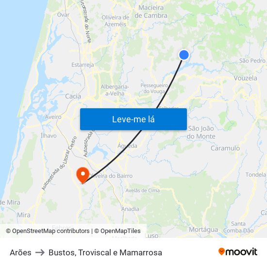 Arões to Bustos, Troviscal e Mamarrosa map