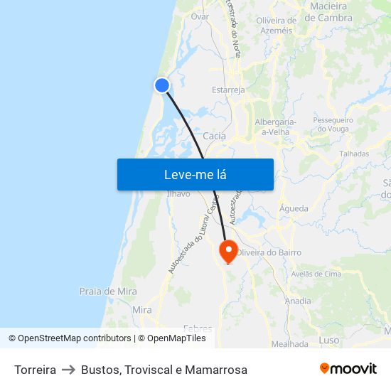 Torreira to Bustos, Troviscal e Mamarrosa map