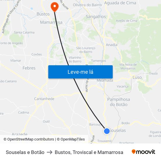 Souselas e Botão to Bustos, Troviscal e Mamarrosa map