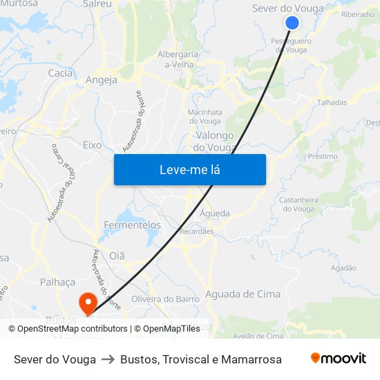 Sever do Vouga to Bustos, Troviscal e Mamarrosa map