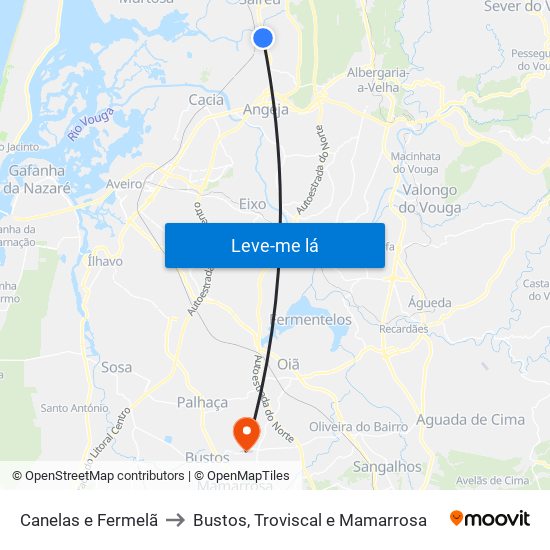 Canelas e Fermelã to Bustos, Troviscal e Mamarrosa map