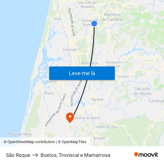 São Roque to Bustos, Troviscal e Mamarrosa map