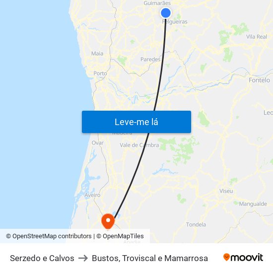 Serzedo e Calvos to Bustos, Troviscal e Mamarrosa map