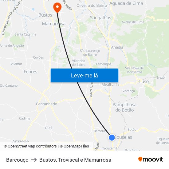 Barcouço to Bustos, Troviscal e Mamarrosa map