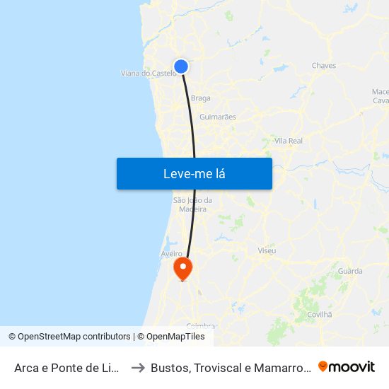 Arca e Ponte de Lima to Bustos, Troviscal e Mamarrosa map