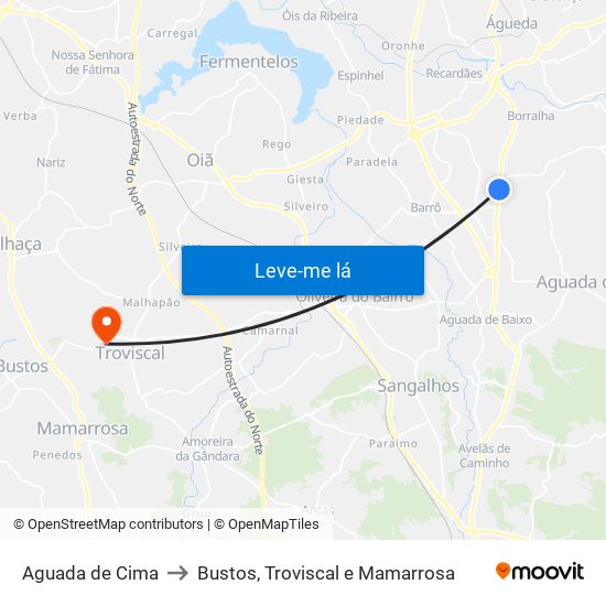 Aguada de Cima to Bustos, Troviscal e Mamarrosa map