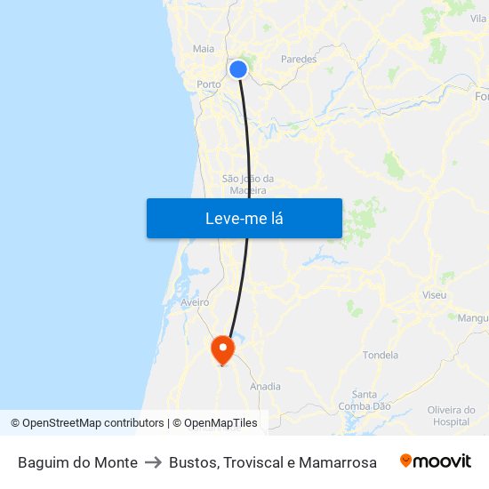 Baguim do Monte to Bustos, Troviscal e Mamarrosa map