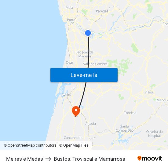 Melres e Medas to Bustos, Troviscal e Mamarrosa map