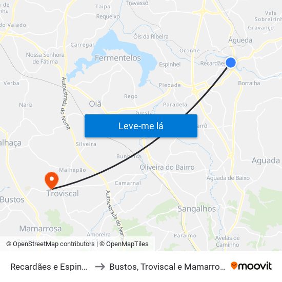 Recardães e Espinhel to Bustos, Troviscal e Mamarrosa map