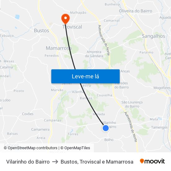 Vilarinho do Bairro to Bustos, Troviscal e Mamarrosa map