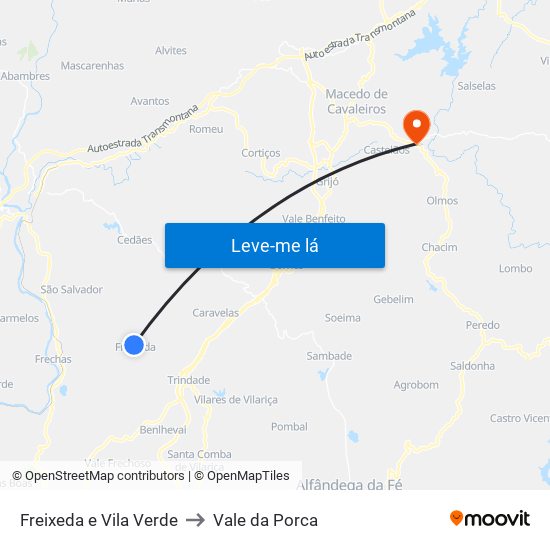 Freixeda e Vila Verde to Vale da Porca map