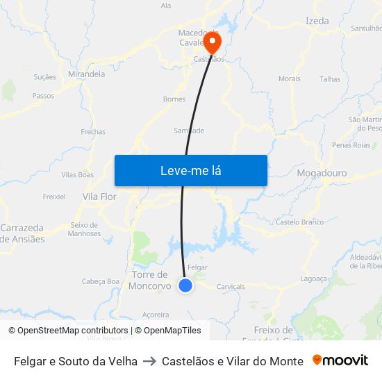 Felgar e Souto da Velha to Castelãos e Vilar do Monte map