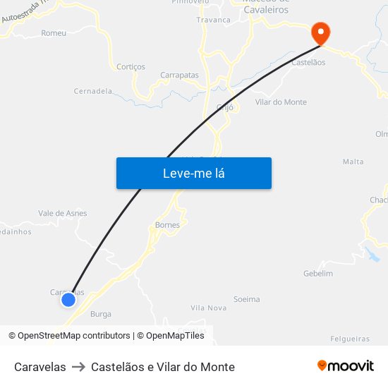 Caravelas to Castelãos e Vilar do Monte map