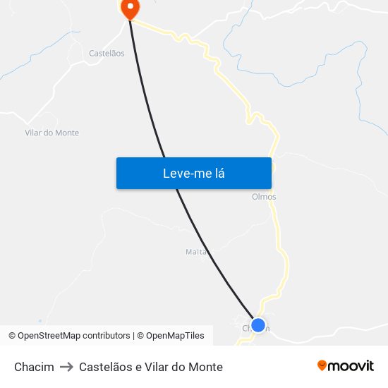 Chacim to Castelãos e Vilar do Monte map