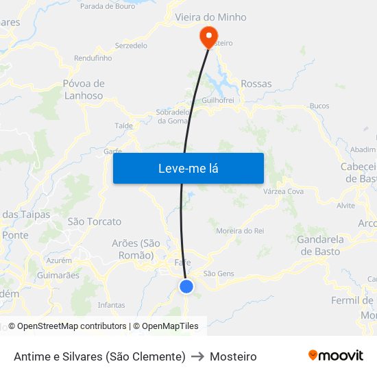 Antime e Silvares (São Clemente) to Mosteiro map