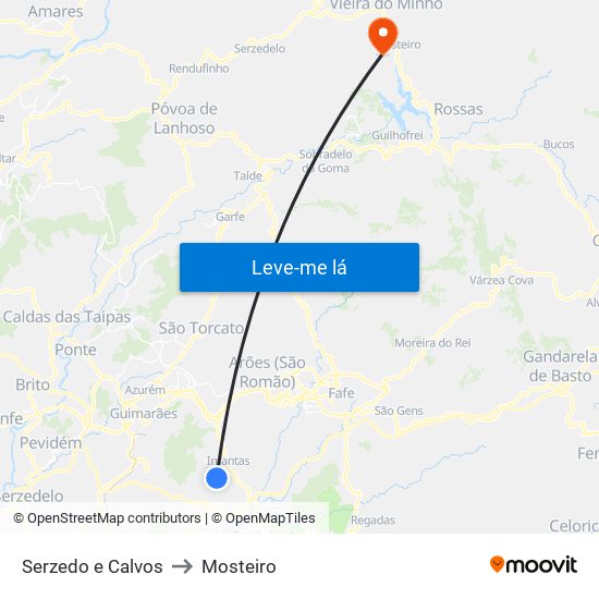 Serzedo e Calvos to Mosteiro map