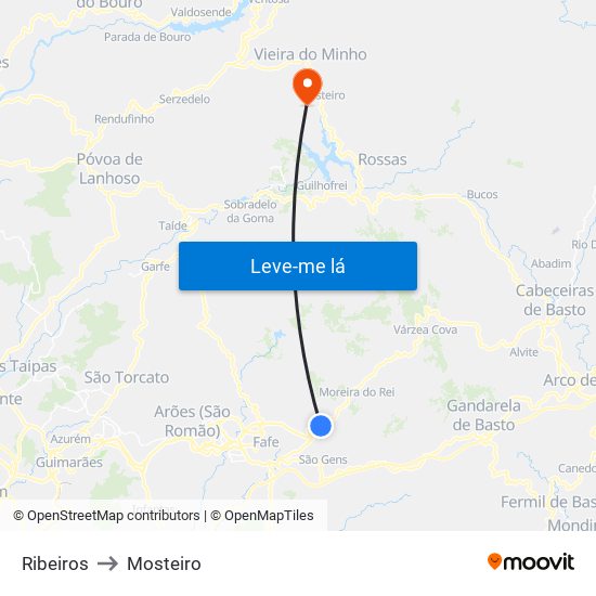 Ribeiros to Mosteiro map