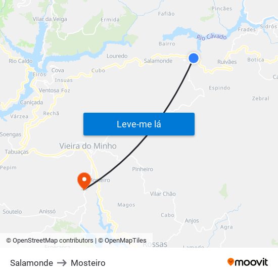 Salamonde to Mosteiro map