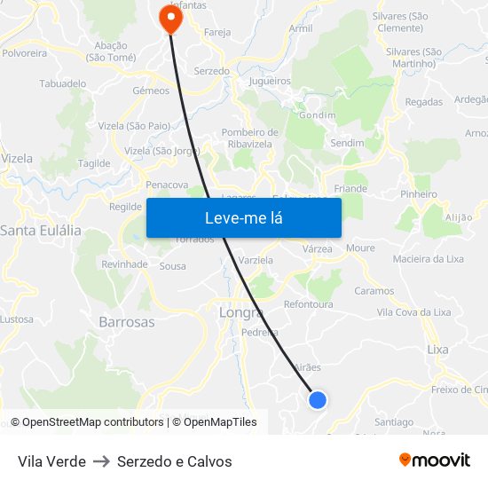 Vila Verde to Serzedo e Calvos map